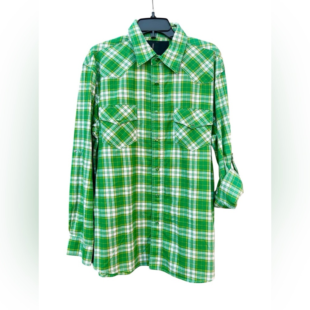 NWT Jordan Craig Shirt Pearl Snaps Green Plaid Roll Tab
